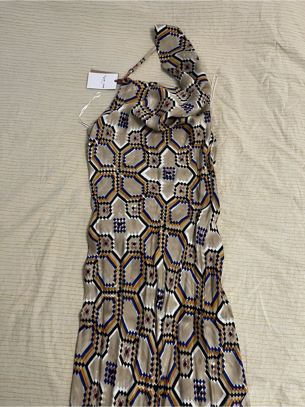 Rujuta Sheth Eve Dress in Courtyard Oat | Gold Geometric Halter Maxi Dress - Picture 5 of 7